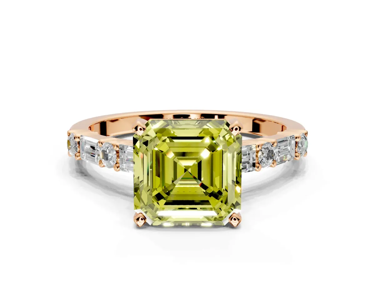 Baguette Engagement Ring Setting for Fancy Yellow Asscher Cut Center with Alternating Bar-Set Band and Prong Head in Rose Gold