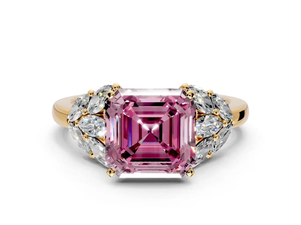 Leaf Cluster Engagement Ring Setting for Fancy Pink Asscher Cut Center with Marquise Accents and Prong Head in Yellow Gold