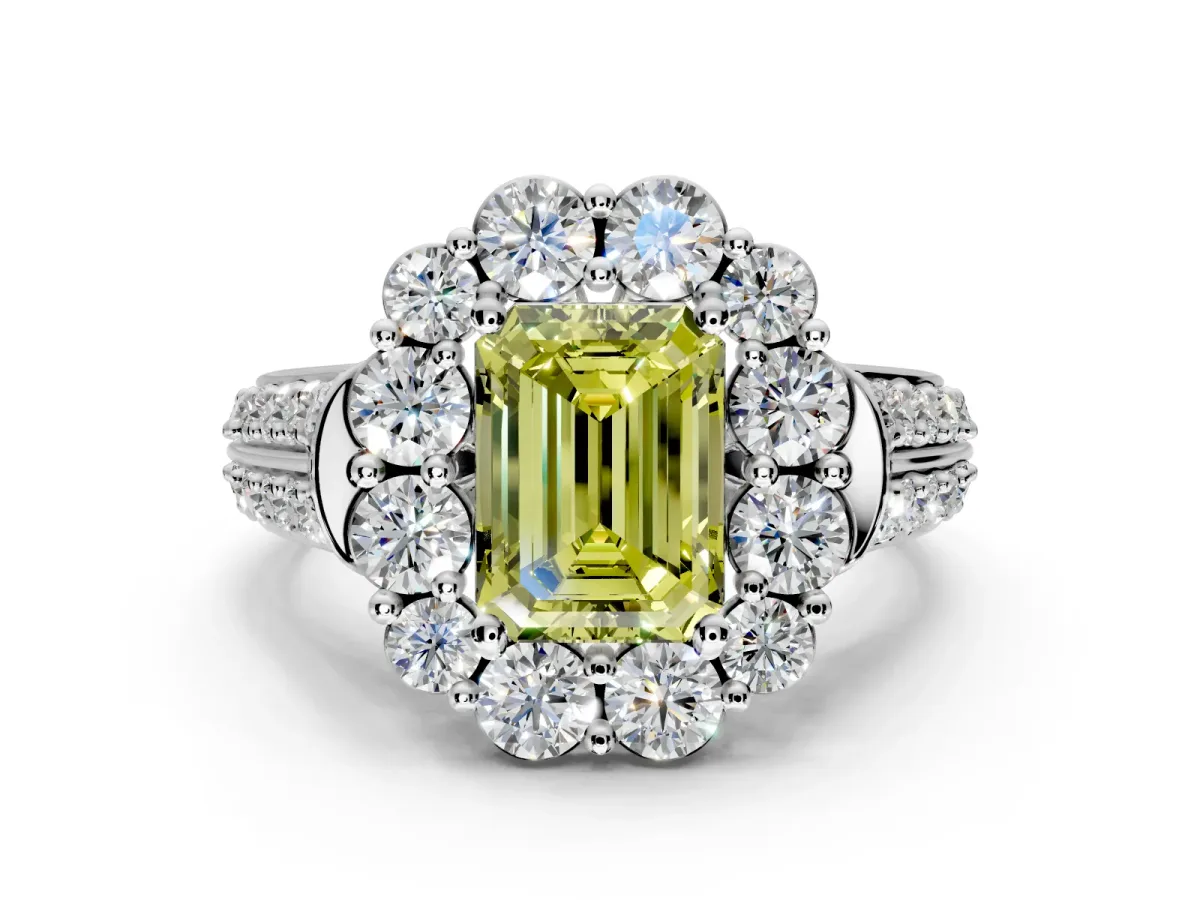Large Accent Halo Engagement Ring Setting for Fancy Yellow Emerald Cut Center with Pave Split Shank and Prong Head in Sterling Silver