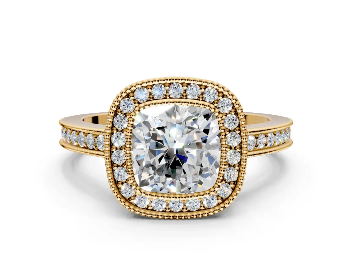 Halo Engagement Ring Setting for Cushion Cut Center with Milgrain Halo, Pave Band and Prong Head in Yellow Gold