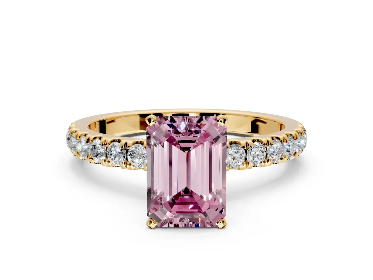 Open Basket Engagement Ring Setting for Fancy Pink Emerald Cut Center with Pave Band and Prong Head in Yellow Gold