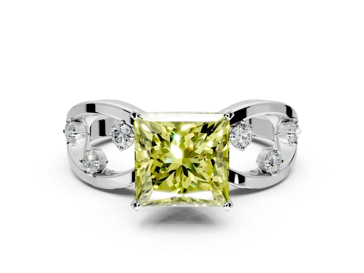 Solitaire Engagement Ring Setting for Fancy Yellow Princess Cut Center with Criss-Cross Accent Band and Prong Head in Sterling Silver