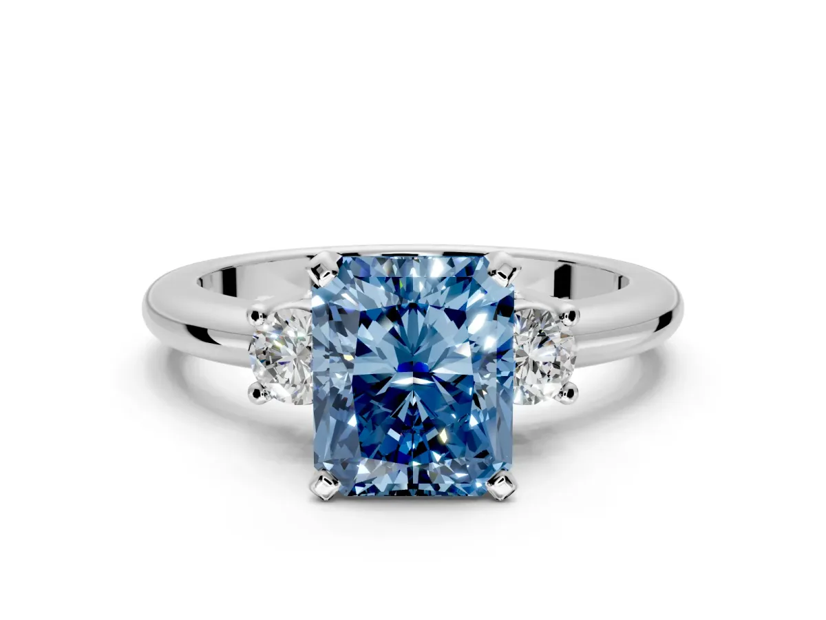 3 Stone Engagement Ring Setting for Fancy Blue Radiant Cut Center with Wide Plain Band and Prong Head in Platinum