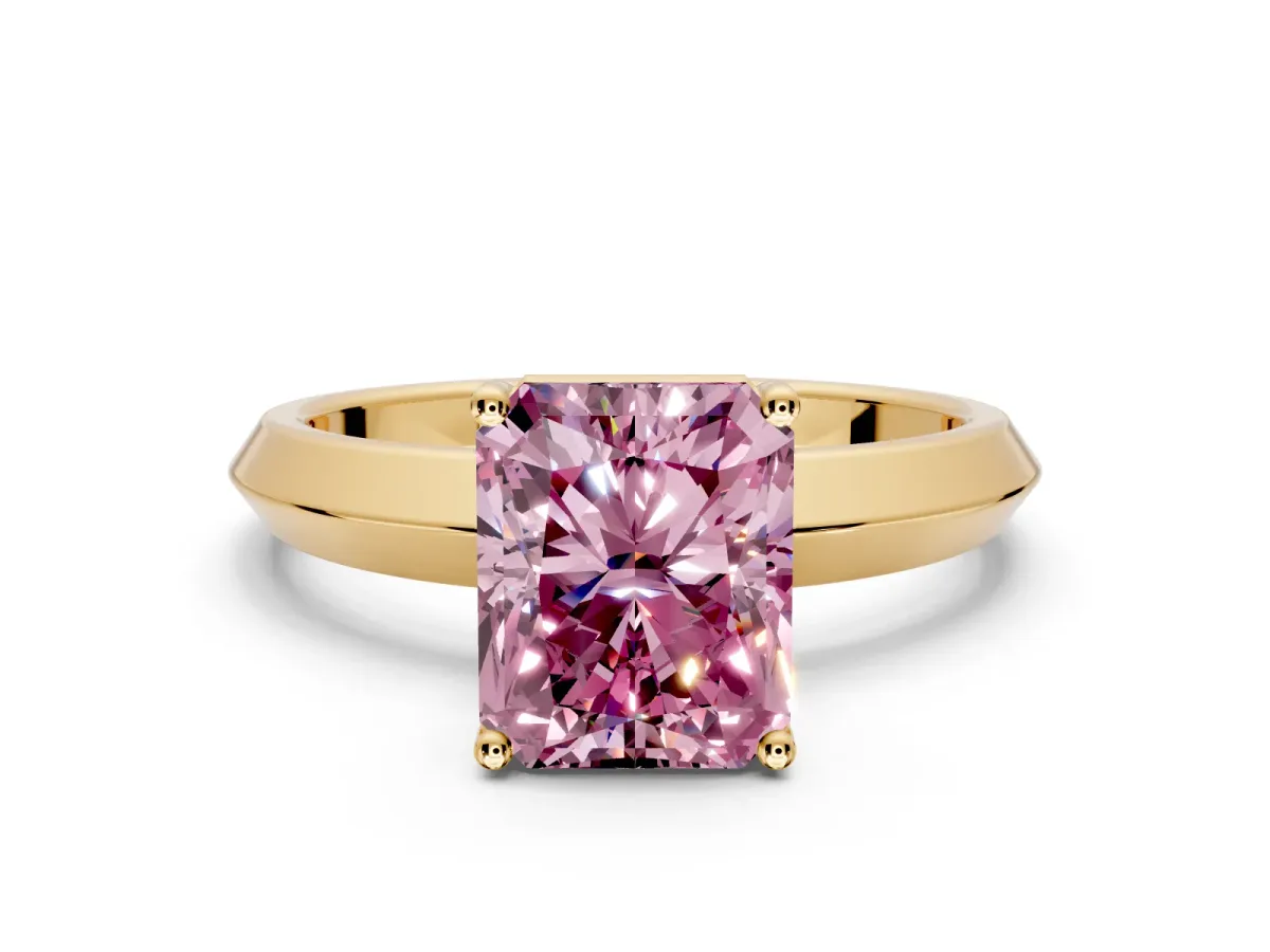 Solitaire Engagement Ring Setting for Fancy Pink Radiant Cut Center with Wide Knife Ridge Band and Prong Head in Yellow Gold