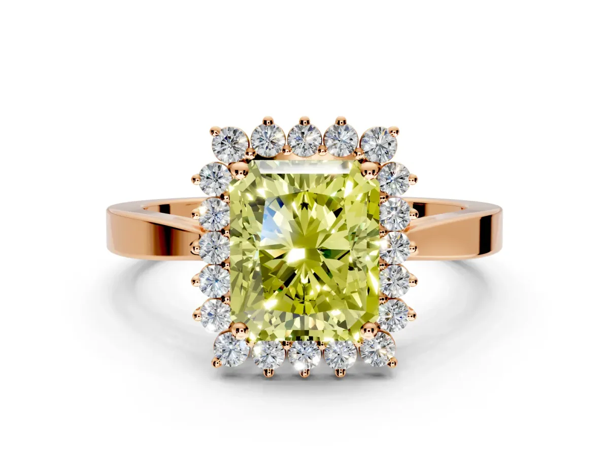 Starburst Halo Engagement Ring Setting for Fancy Yellow Radiant Cut Center with Flat Cathedral Band and Prong Head in Rose Gold