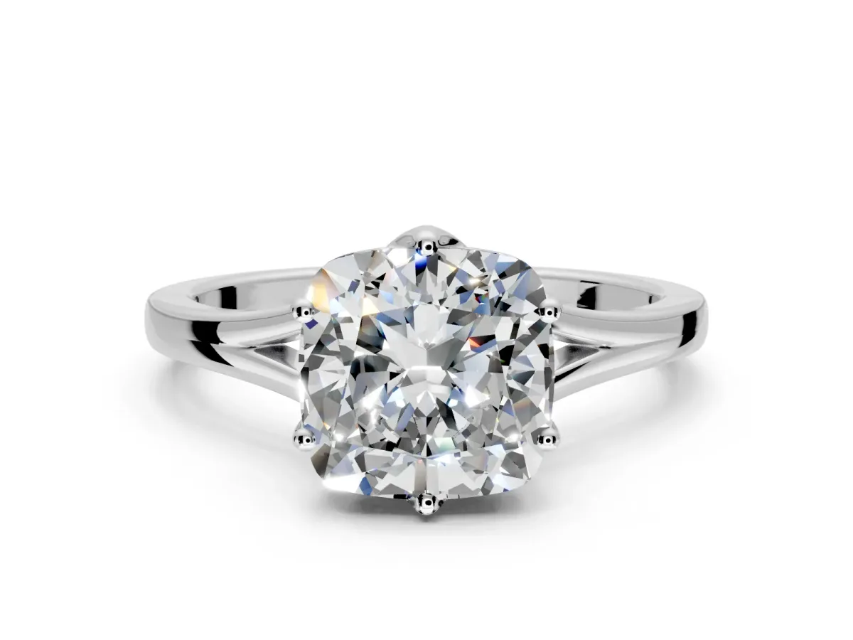 Solitaire Engagement Ring Setting for Cushion Cut Center with Plain Split Shank and Prong Head in Platinum