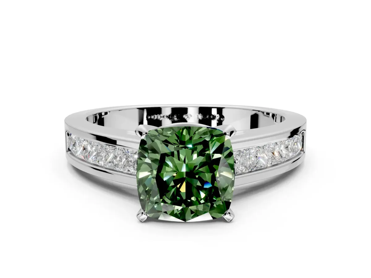 Solitaire Engagement Ring Setting for Fancy Green Cushion Cut Center with Princess Cut Channel Band and Prong Head in Platinum