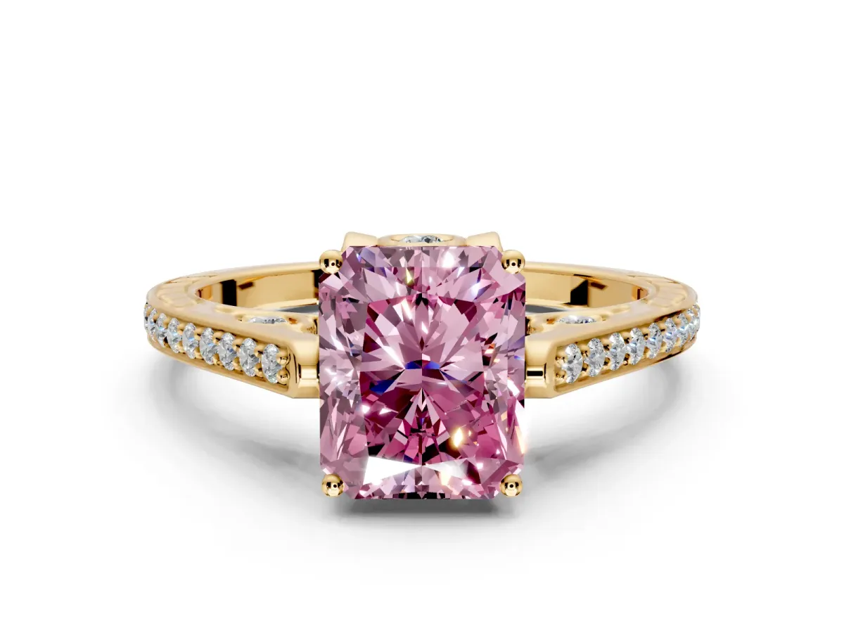 Cathedral Engagement Ring Setting for Fancy Pink Radiant Cut Center with Antique-Style Pave Band and Prong Head in Yellow Gold