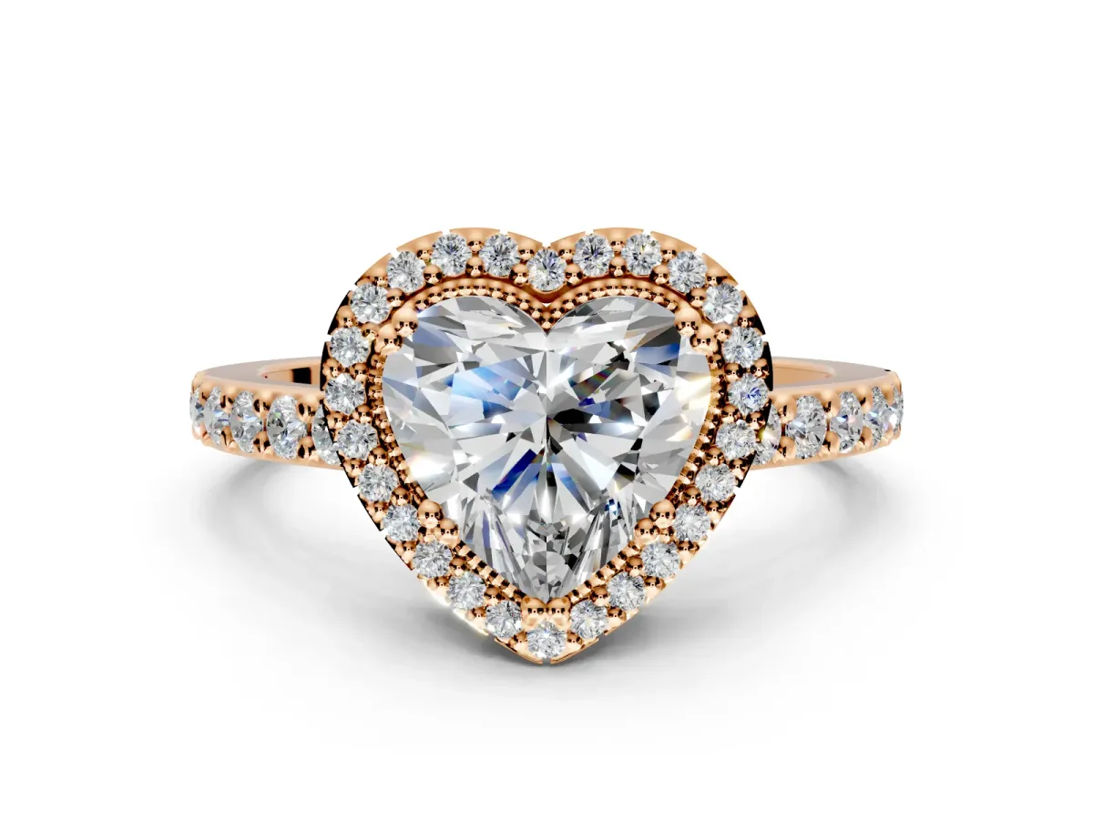 Halo Engagement Ring Setting for Heart-Shaped Center with Inner Milgrain Border and Prong Head in Rose Gold