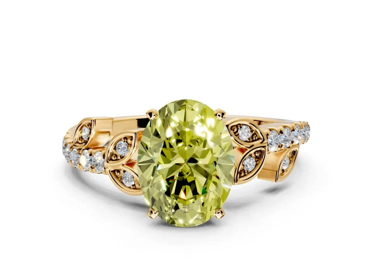 Leaf Motif Engagement Ring Setting for Fancy Yellow Oval Center with Pave Band and Prong Head in Yellow Gold