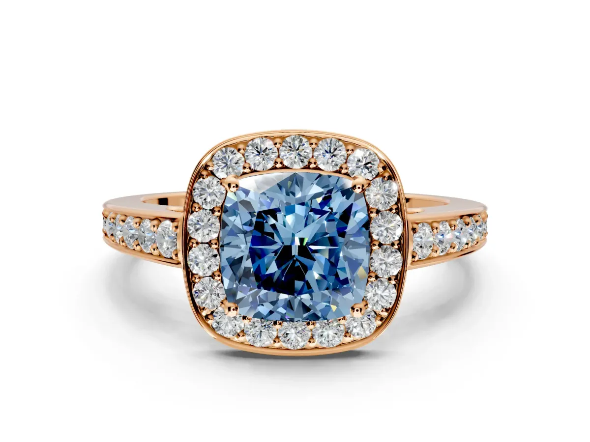 Bezel-Framed Halo Engagement Ring Setting for Fancy Blue Cushion Cut Center with Pave Band and Prong Head in Rose Gold
