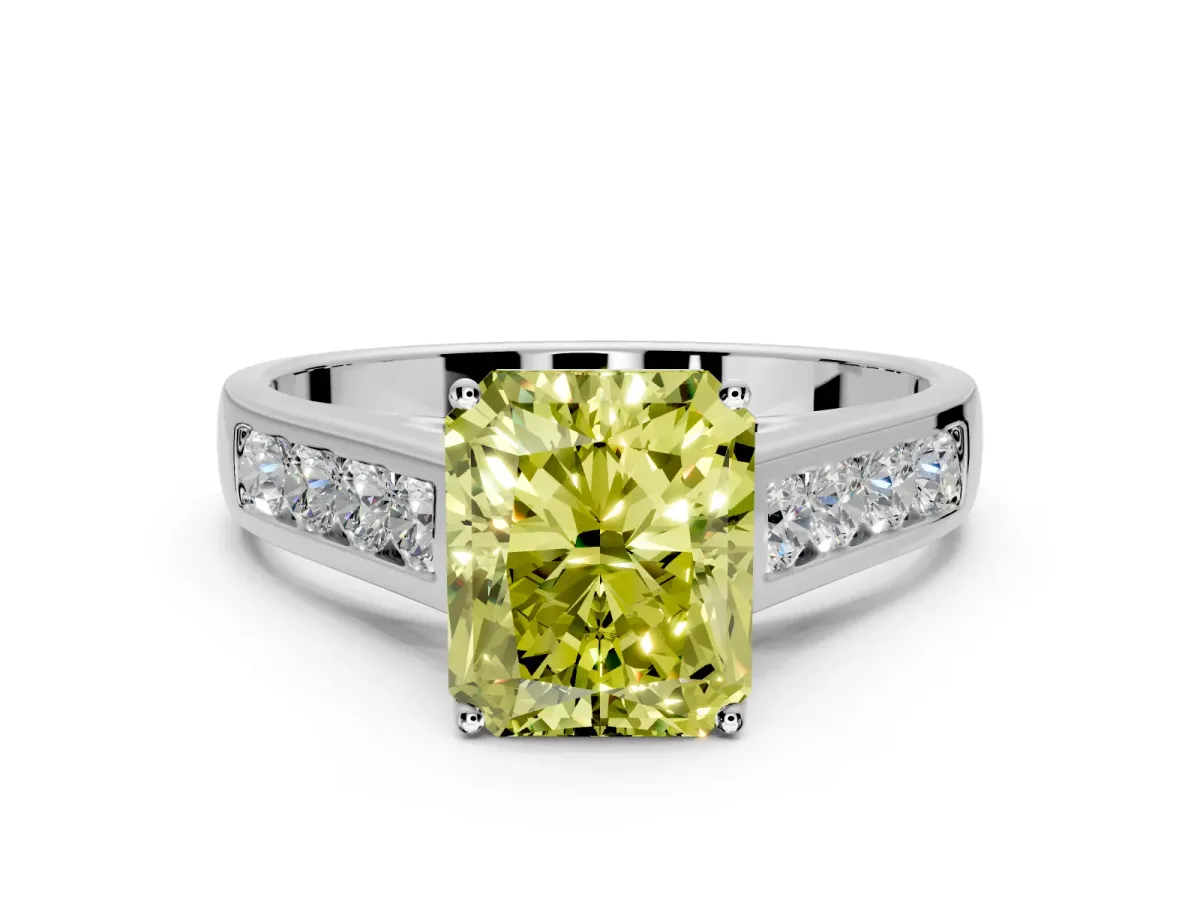 Solitaire Engagement Ring Setting for Fancy Yellow Radiant Cut Center with Round Cut Channel Band and Prong Head in White Gold