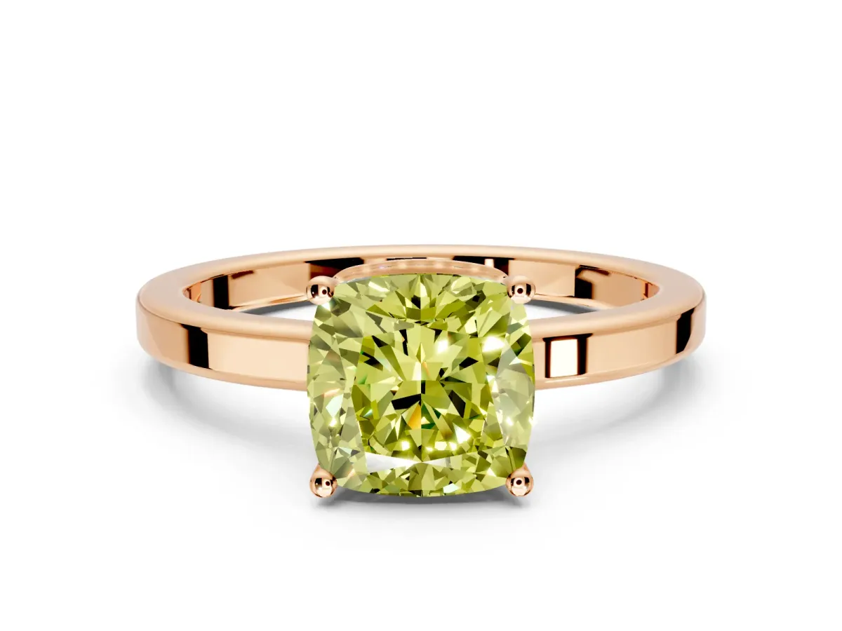 Hidden Halo Engagement Ring Setting for Fancy Yellow Cushion Cut Center with Wide Flat Plain Band and Prong Head in Rose Gold