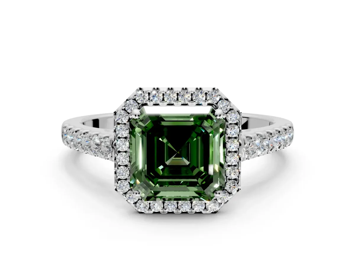Halo Engagement Ring Setting for Fancy Green Asscher Cut Center with Narrowing Pave Band and Prong Head in Platinum