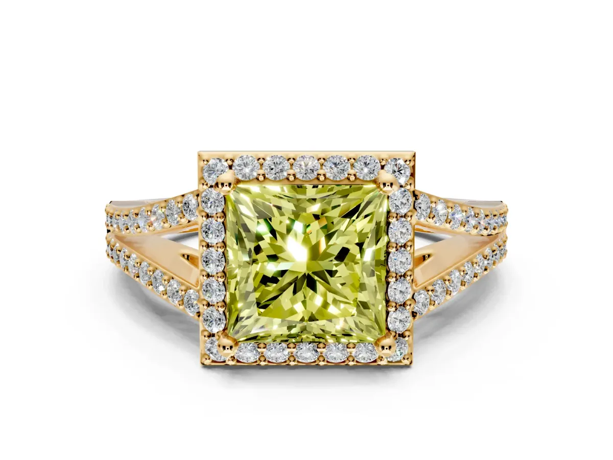 Halo Engagement Ring Setting for Fancy Yellow Princess Cut Center with Pave Split Shank and Prong Head in Yellow Gold