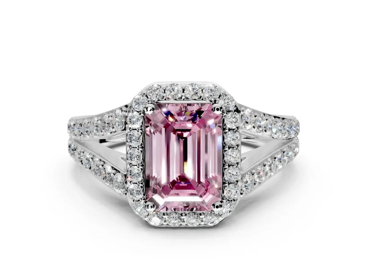 Halo Engagement Ring Setting for Fancy Pink Emerald Cut Center with Narrow Pave Split Shank and Prong Head in Platinum
