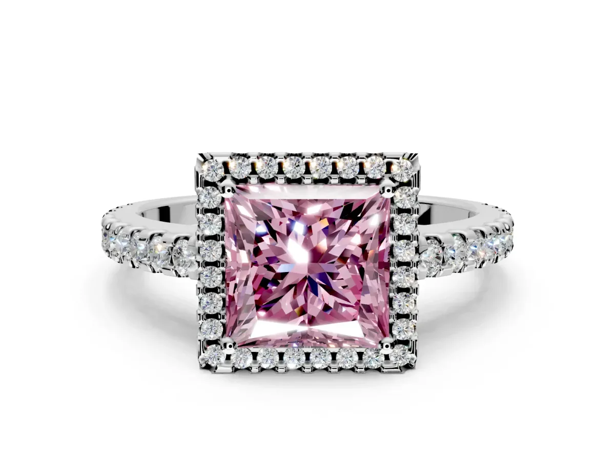 Accent Halo Engagement Ring Setting for Fancy Pink Princess Cut Center with Full-Length Pave Band and Prong Head in Platinum