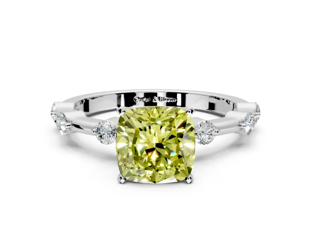 Solitaire Engagement Ring Setting for Fancy Yellow Cushion Cut Center with Bezel Station Band and Prong Head in Platinum