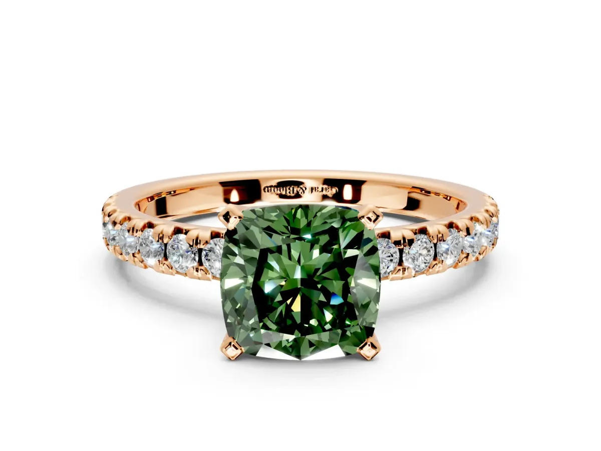 Solitaire Engagement Ring Setting for Fancy Green Cushion Cut Center with Large Accents and Prong Head in Rose Gold