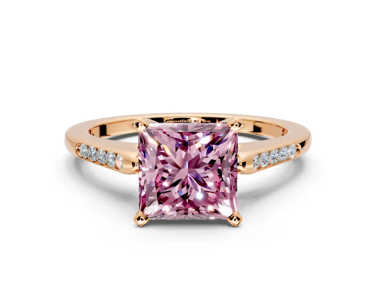 Solitaire Engagement Ring Setting for Fancy Pink Princess Cut Center with Channel Accents and Prong Head in Rose Gold