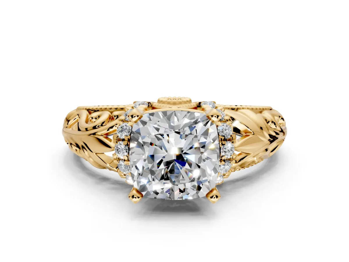 Solitaire Engagement Ring Setting for Cushion Cut Center with Filigree Accent Basket and Prong Head in Yellow Gold