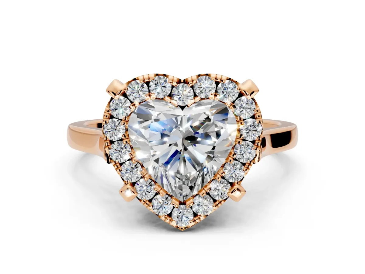 Single Halo Engagement Ring Setting for Heart-Shaped Center with Corner Claws, Plain Band and Prong Head in Rose Gold