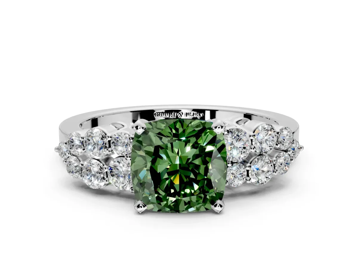 Cluster Engagement Ring Setting for Fancy Green Cushion Cut Center with 2-Row Shoulder Clusters and Prong Head in White Gold