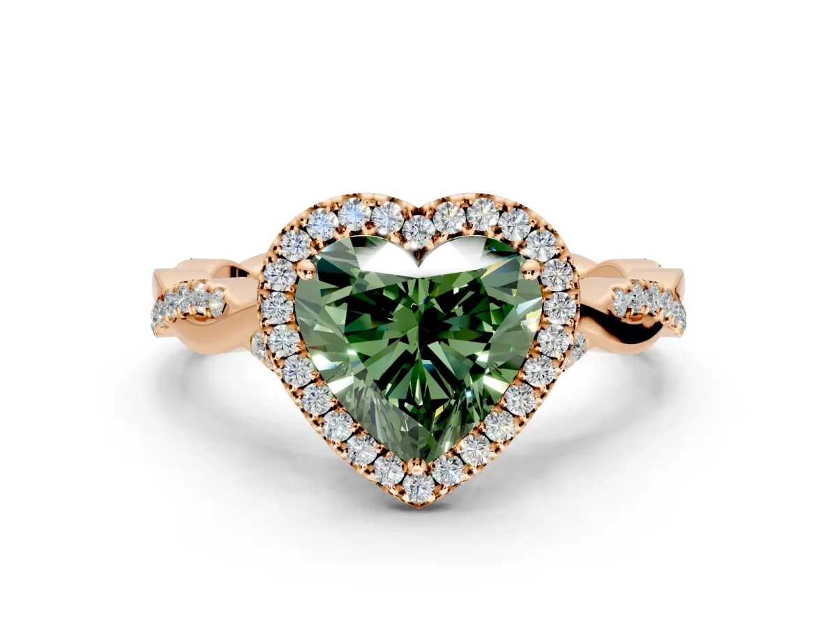 Halo Engagement Ring Setting for Fancy Green Heart-Shaped Center with Twist Band and Prong Head in Rose Gold