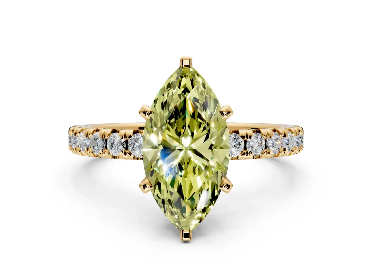 Solitaire Engagement Ring Setting for Fancy Yellow Marquise Center with Large Accents and Prong Head in Yellow Gold