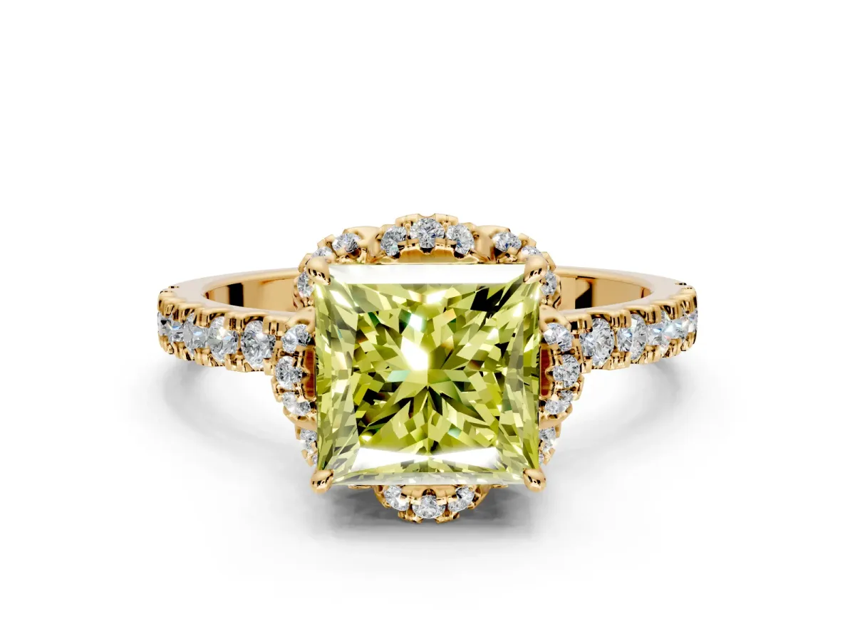 Halo Engagement Ring Setting for Fancy Yellow Princess Cut Center with Openwork Halo, Pave Band and Prong Head in Yellow Gold