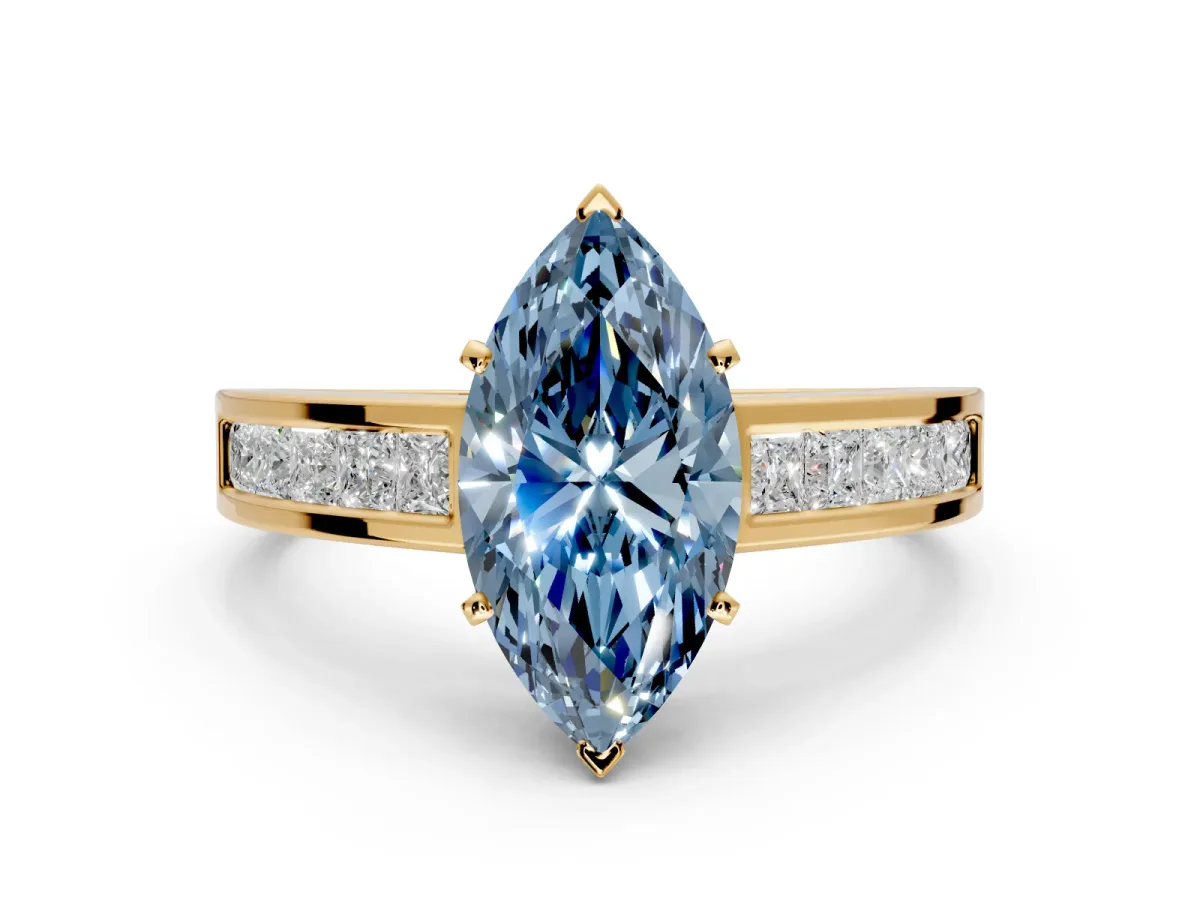 Solitaire Engagement Ring Setting for Fancy Blue Marquise Center with Princess Cut Channel Band and Prong Head in Yellow Gold