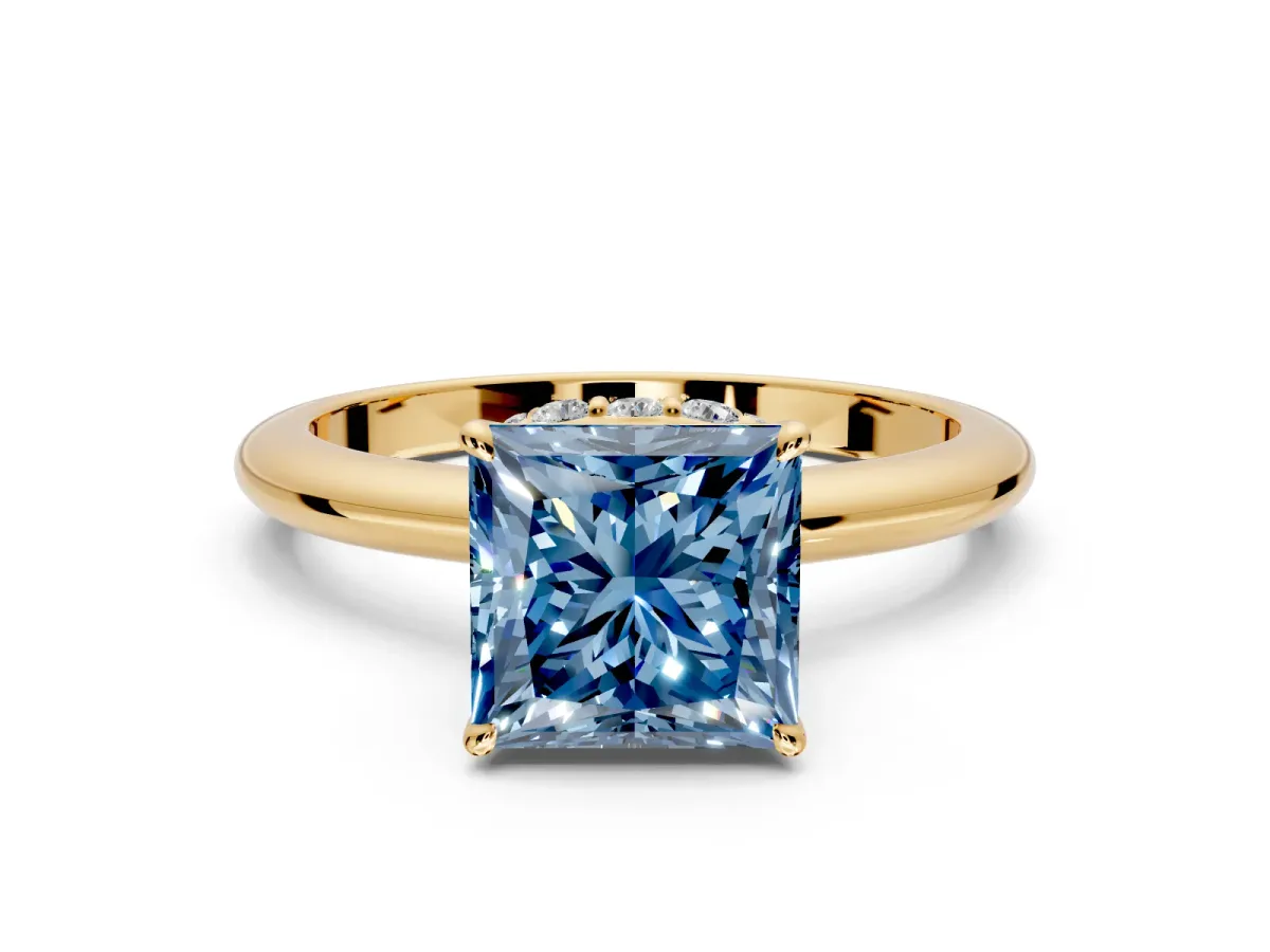 Hidden Halo Engagement Ring Setting for Fancy Blue Princess Cut Center with Plain Rounded Band and Prong Head in Yellow Gold