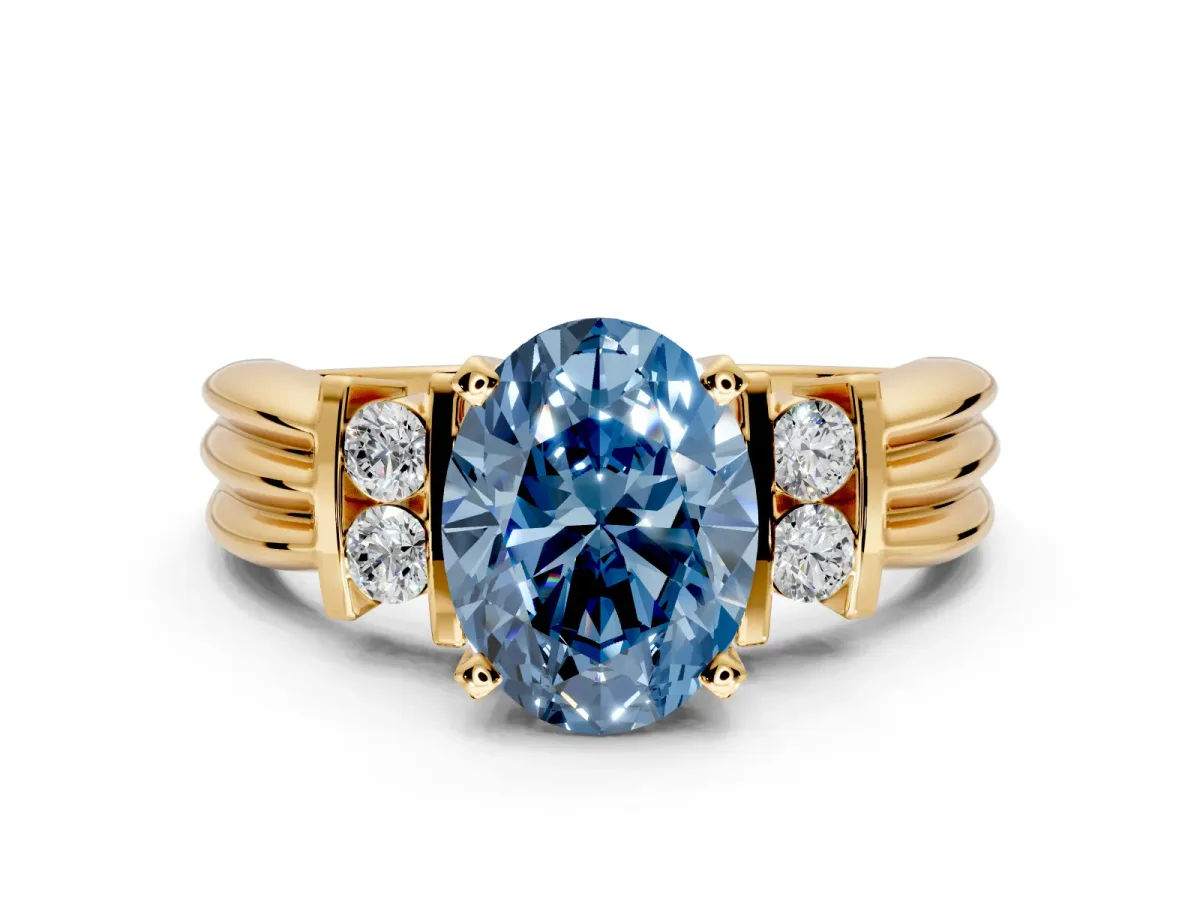 Solitaire Engagement Ring Setting for Fancy Blue Oval Center with Grooved Bar Accent Band and Prong Head in Yellow Gold