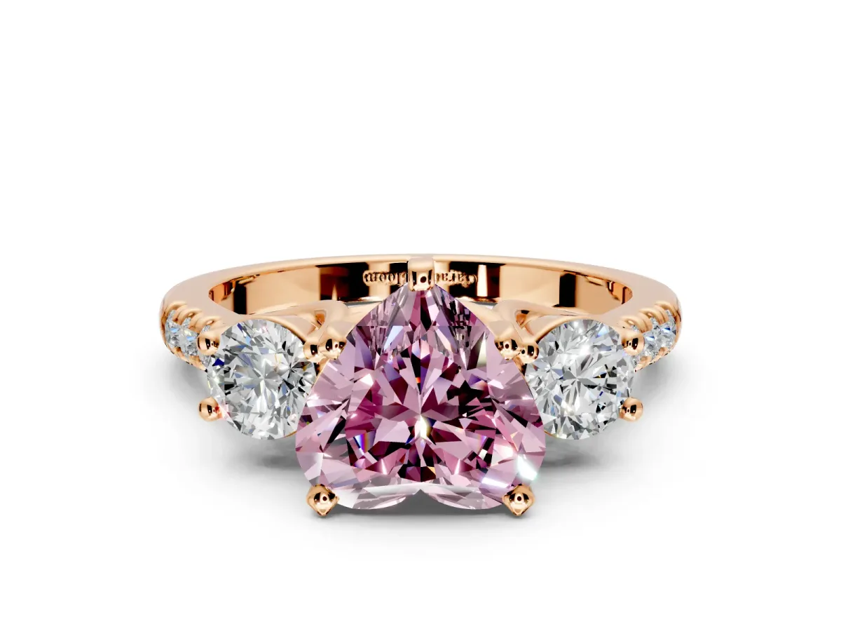 3 Stone Engagement Ring Setting for Fancy Pink Heart-Shaped Center with Crossover Basket, Pave Band and Prong Head in Rose Gold