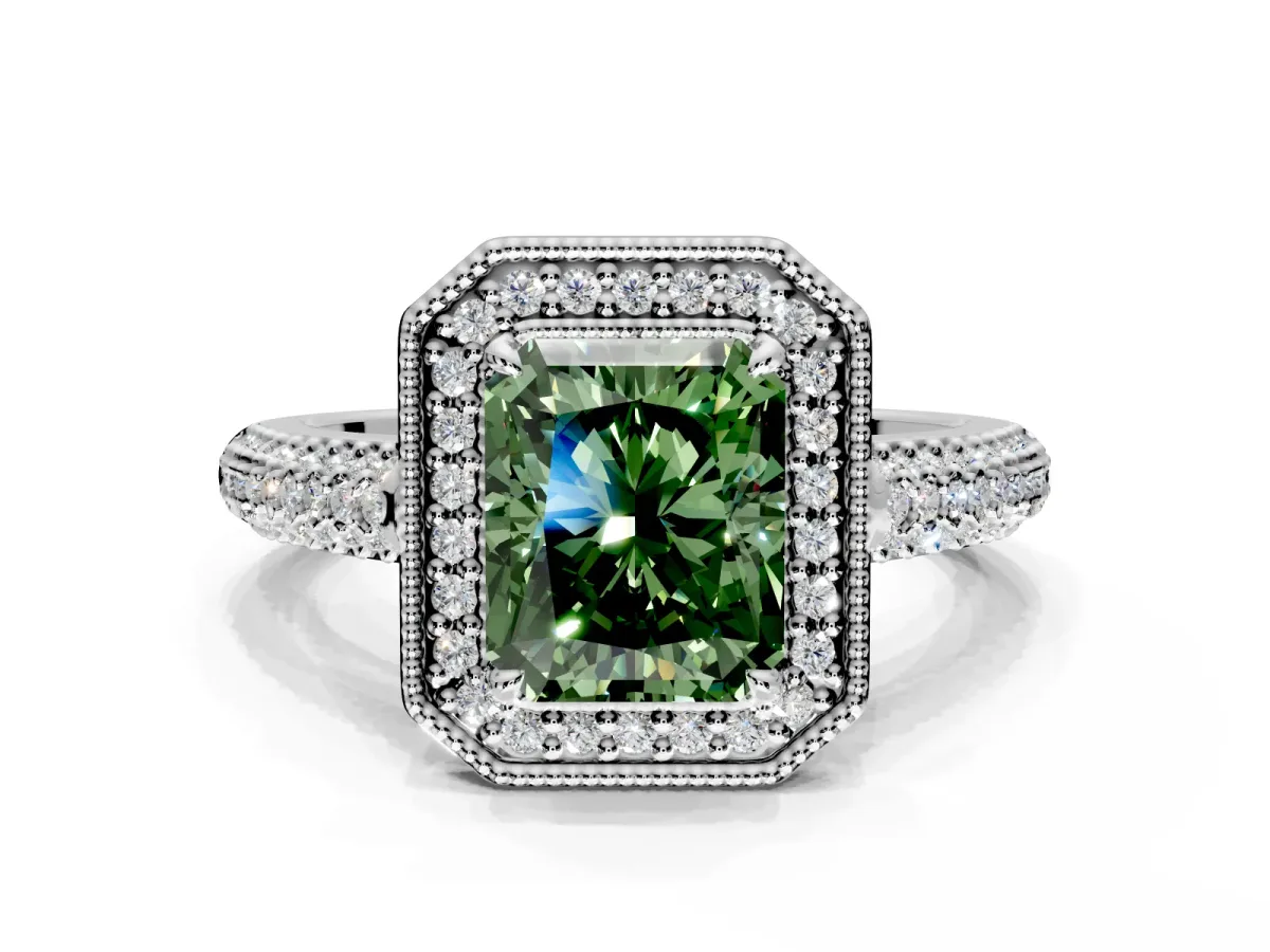 Milgrain Halo Engagement Ring Setting for Fancy Green Radiant Cut Center with Three-Sided Pave Band and Prong Head in Sterling Silver