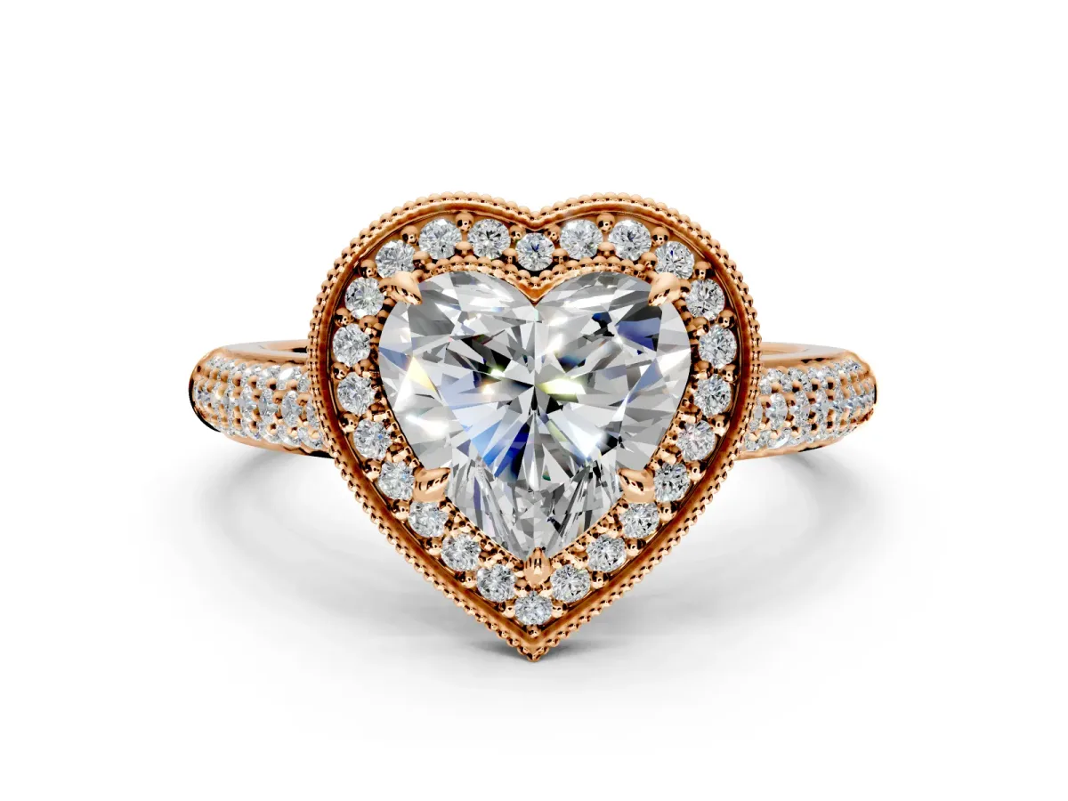 Milgrain Halo Engagement Ring Setting for Heart-Shaped Center with Three-Sided Pave Band and Prong Head in Rose Gold