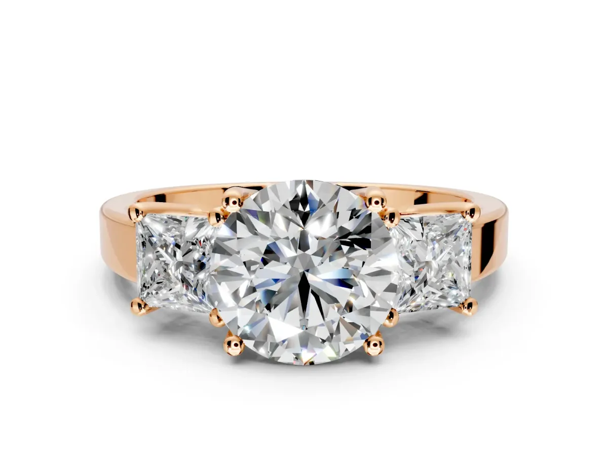 3 Stone Engagement Ring Setting for Round Cut Center with Matching Side Accents and Prong Head in Rose Gold