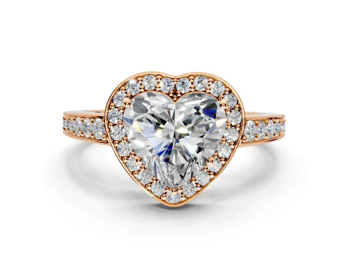 Bezel-Framed Halo Engagement Ring Setting for Heart-Shaped Center with Pave Band and Prong Head in Rose Gold