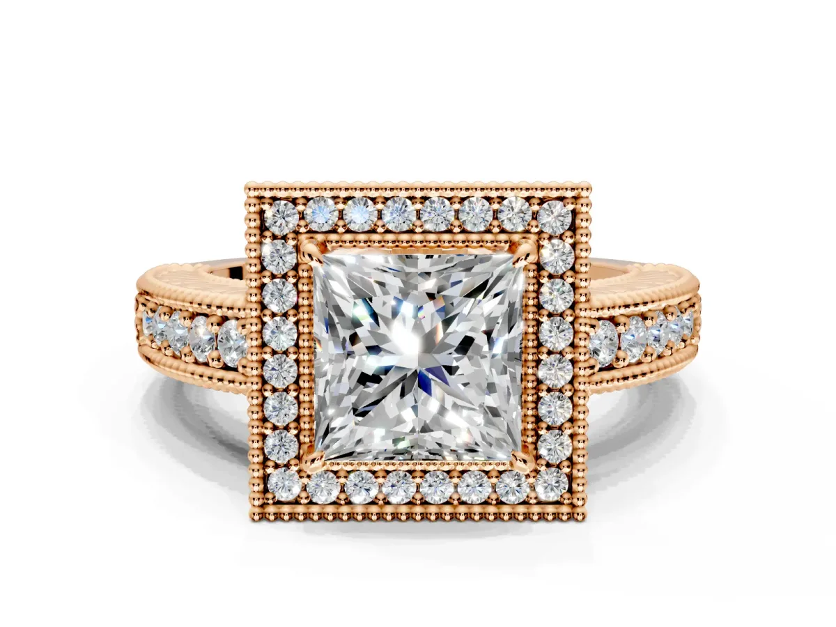Milgrain Halo Engagement Ring Setting for Princess Cut Center with Pave Band and Prong Head in Rose Gold