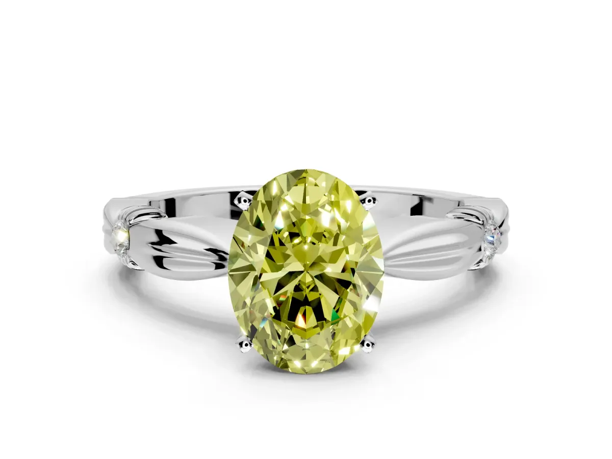 Solitaire Engagement Ring Setting for Fancy Yellow Oval Center with Carved Leaf Shoulders and Prong Head in White Gold
