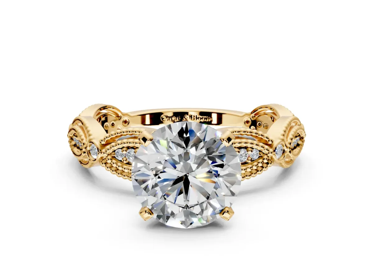 Solitaire Engagement Ring Setting for Round Cut Center with Marquise Panel Band and Prong Head in Yellow Gold