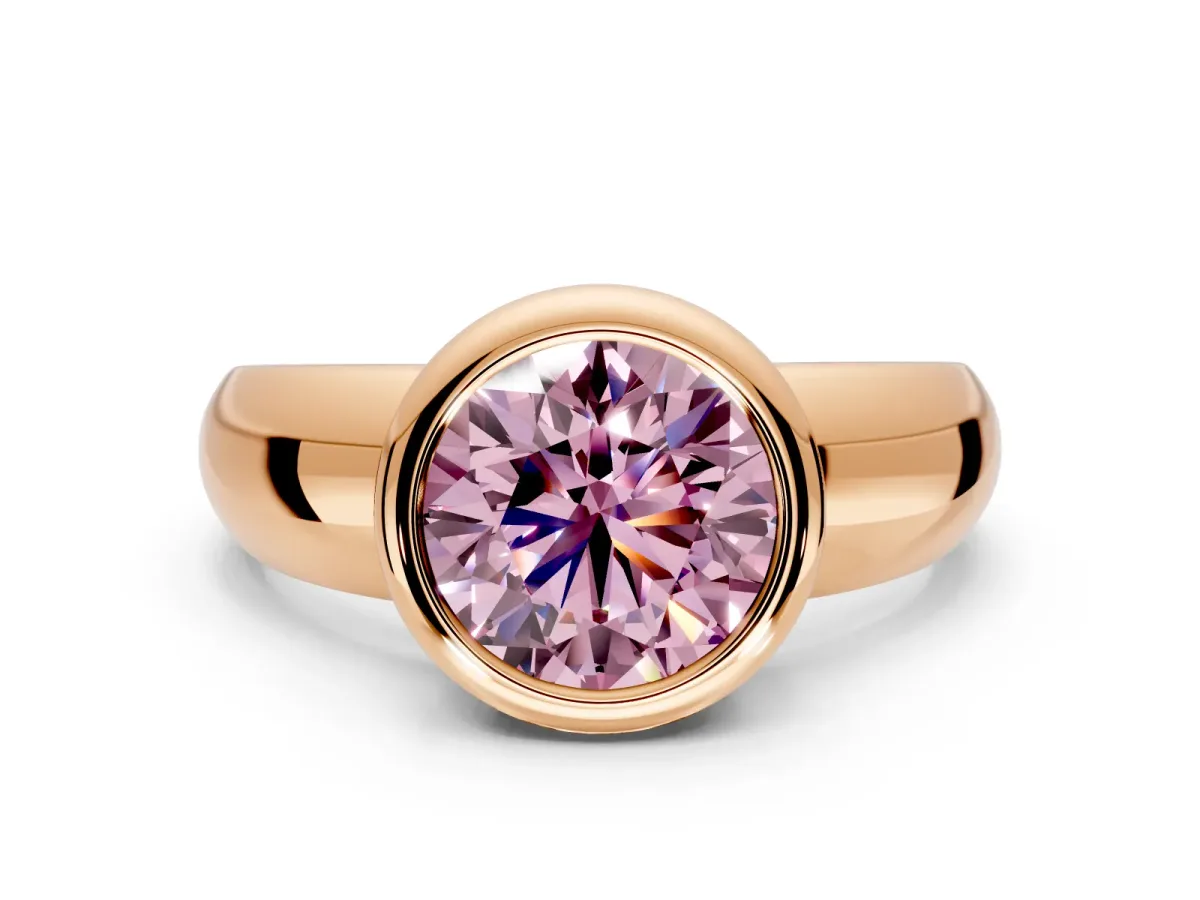 Solitaire Engagement Ring Setting for Fancy Pink Round Cut Center with Wide Band and Bezel Head in Rose Gold