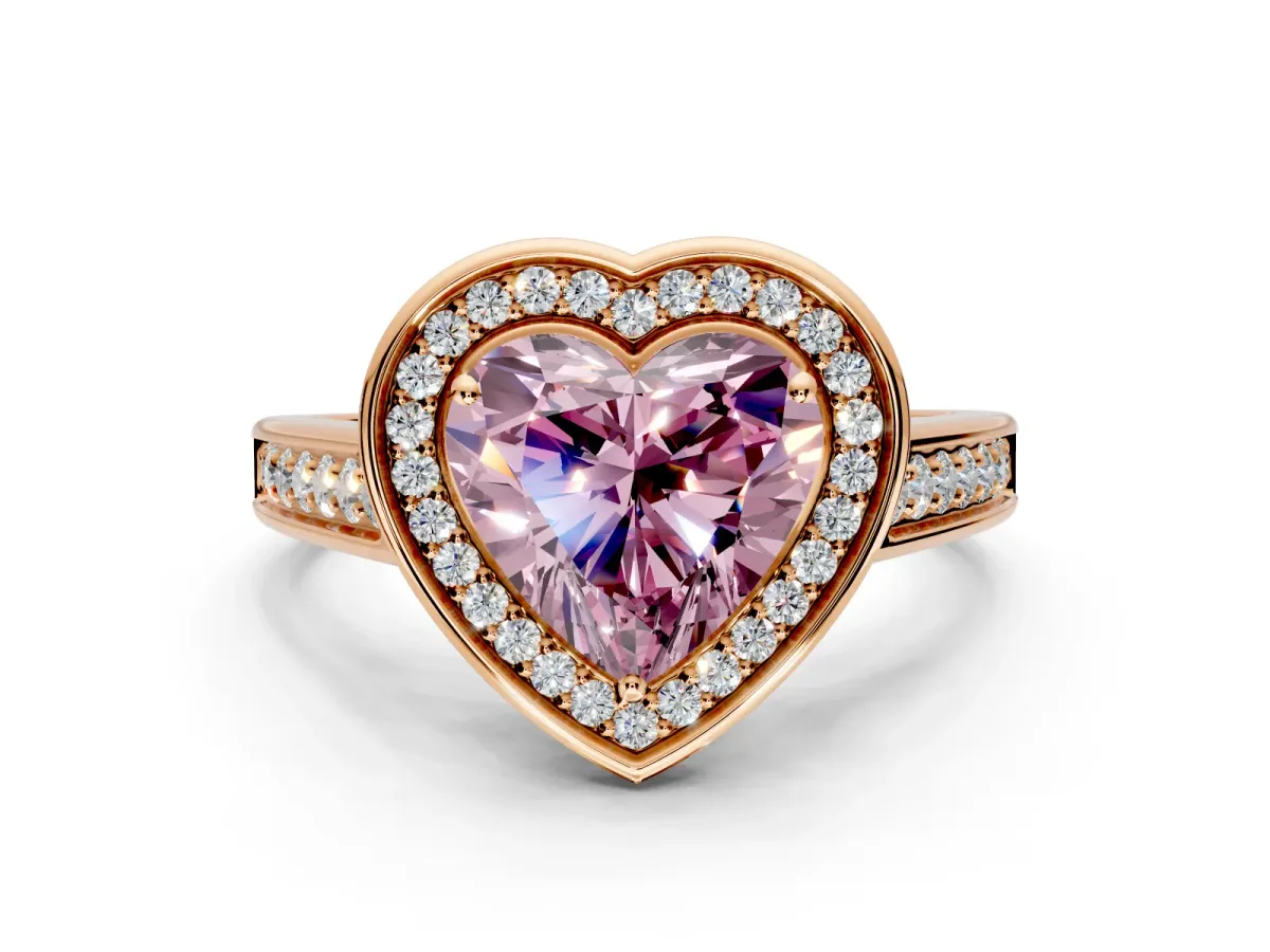 Halo Engagement Ring Setting for Fancy Pink Heart-Shaped Center with Outer Bezel Rim, Pave Band and Prong Head in Rose Gold