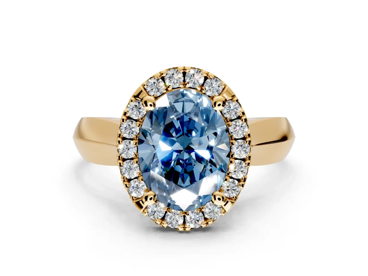 Halo Engagement Ring Setting for Fancy Blue Oval Center with Square Band and Prong Head in Yellow Gold