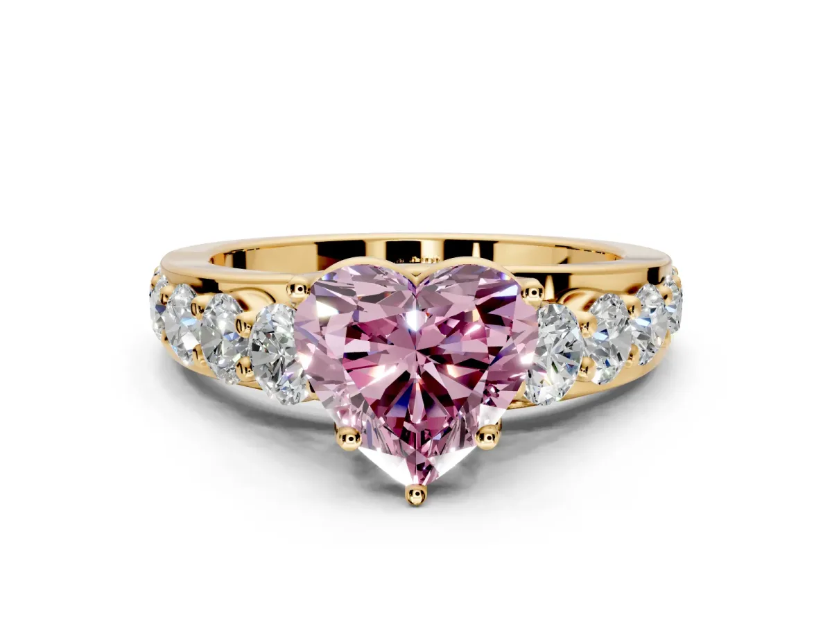 Solitaire Engagement Ring Setting for Fancy Pink Heart-Shaped Center with Graduated Shared Prongs and Prong Head in Yellow Gold
