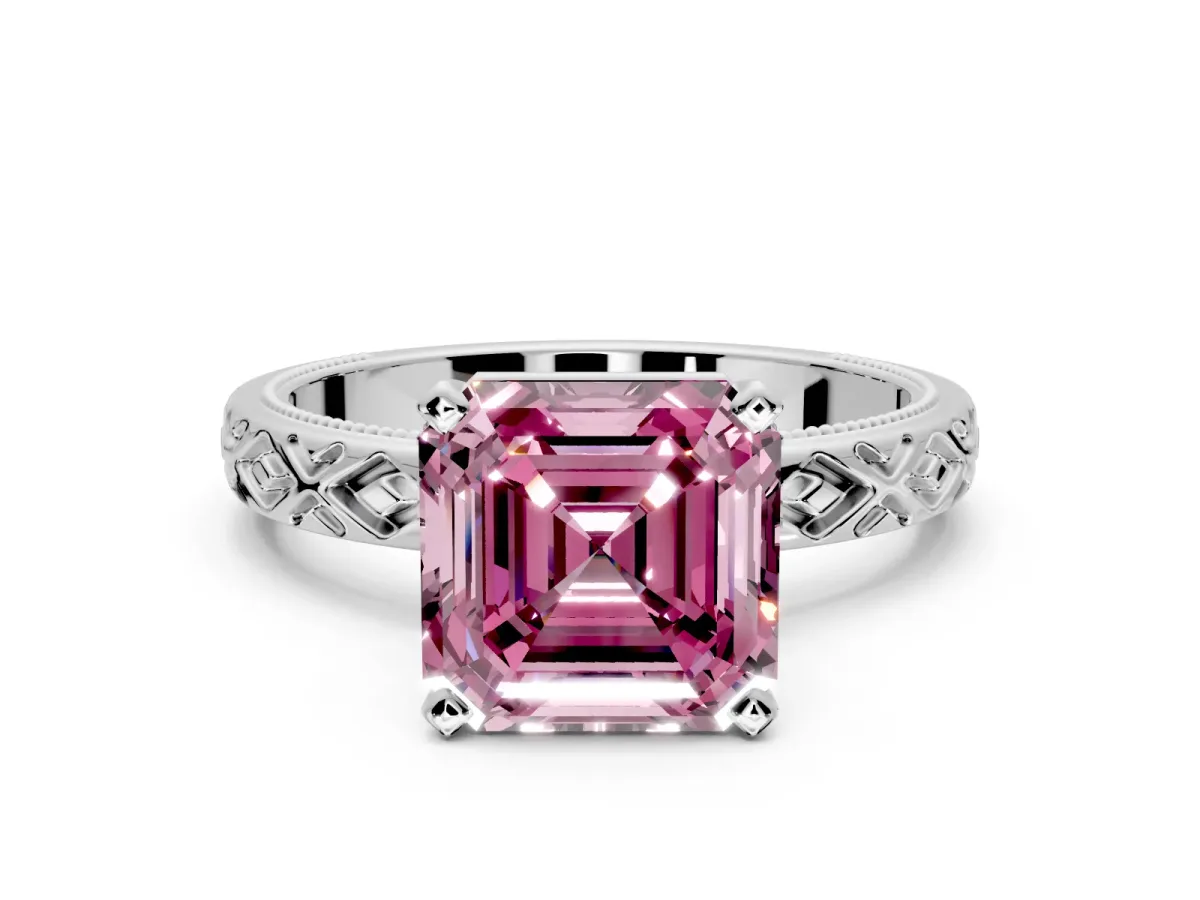 Solitaire Engagement Ring Setting for Fancy Pink Asscher Cut Center with Milgrain X Pattern Band and Prong Head in Platinum