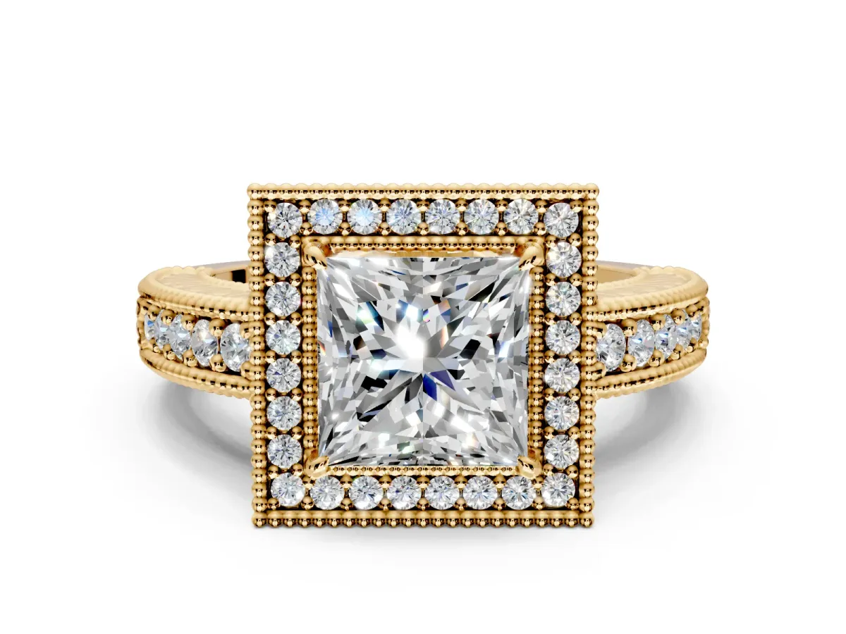 Milgrain Halo Engagement Ring Setting for Princess Cut Center with Pave Band and Prong Head in Yellow Gold