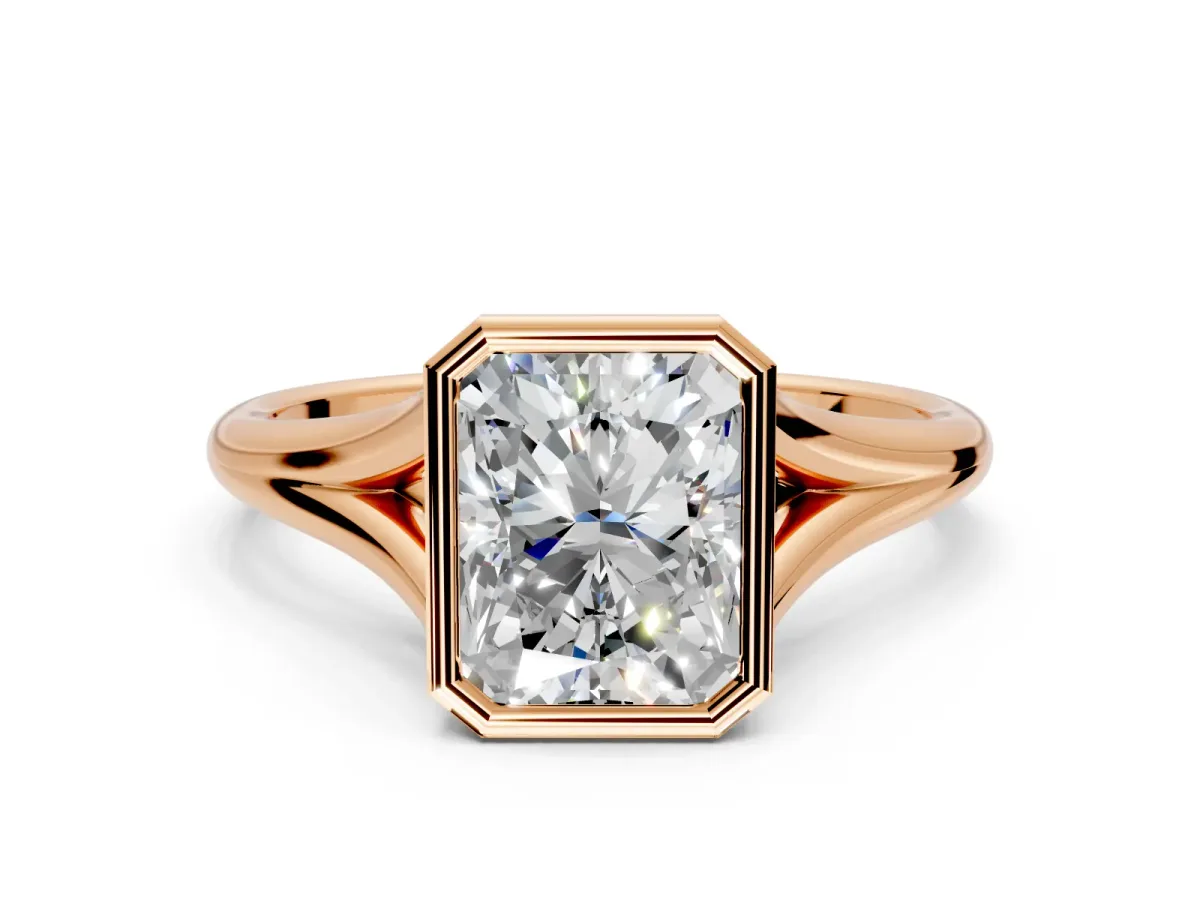 Solitaire Engagement Ring Setting for Radiant Cut Center with V Split Shank and Bezel Head in Rose Gold