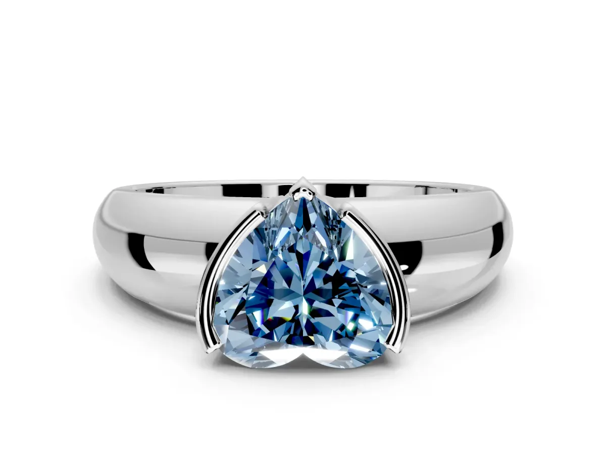 Tension Engagement Ring Setting for Fancy Blue Heart-Shaped Center with Wide Flat Band and Tension Head in White Gold