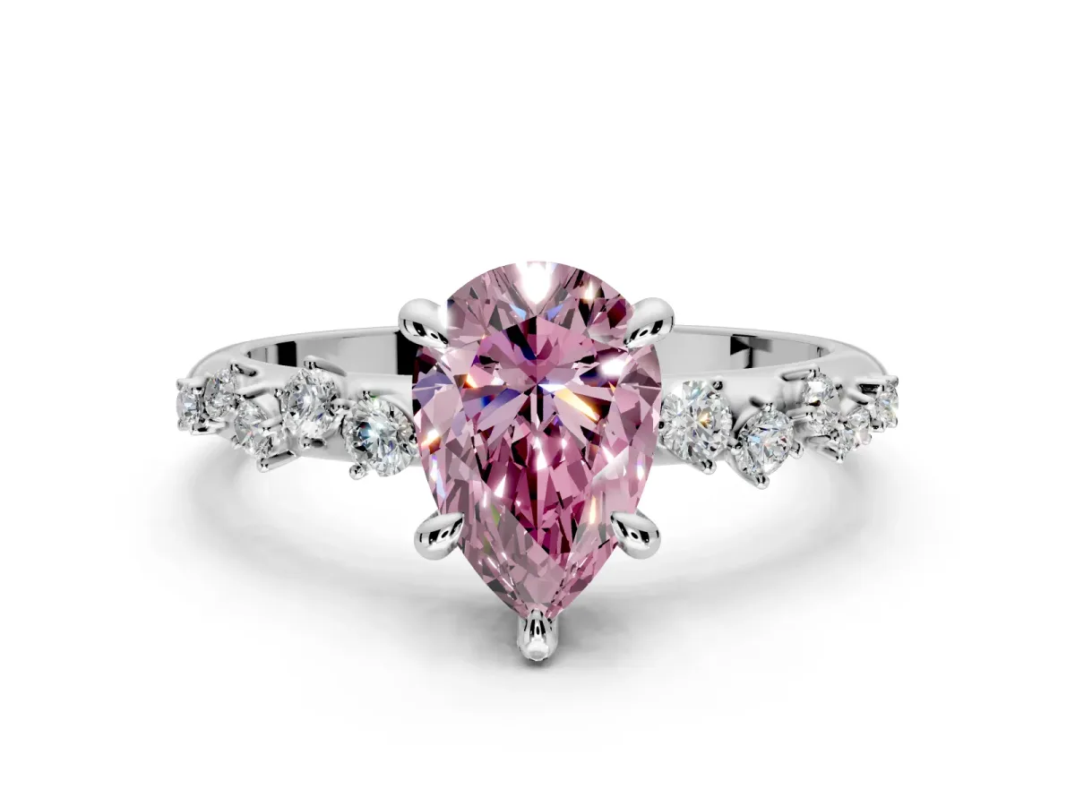 Solitaire Engagement Ring Setting for Fancy Pink Pear-Shaped Center with Trailing Leaf Accent Band and Prong Head in White Gold